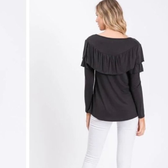 Hailey & Co. Reba Long Sleeve Ruffle Basic Blouse Bohemian Top Black New Medium - Picture 10 of 13
